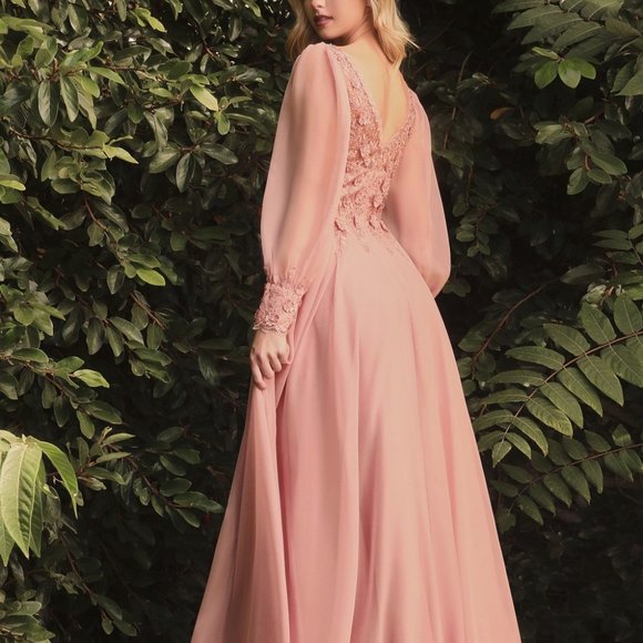 ROSE MOTHER OF BRIDE EVENING FORMAL PARTY LONG SLEEVE CHIFFON A-LINE GOWN C0183